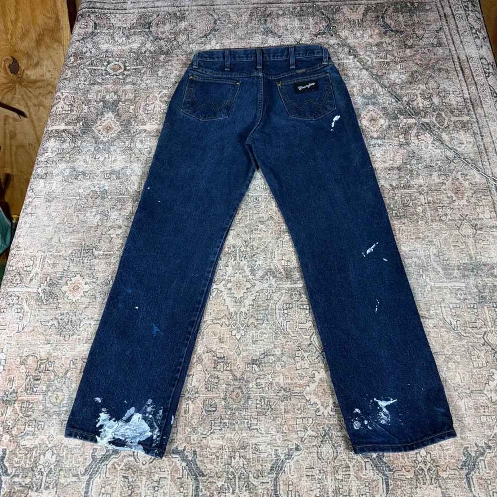 Wrangler 13MSEDD Cowboy Cut Blue Paint Splatter Distressed Jeans 32x32 Mens